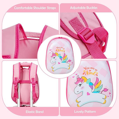 BABY JOY 2 Pcs Kids Luggage Set, 16" Carry-on Luggage Trolley Case & 12" Backpack w/Rolling Wheels, Retractable Handle, Lightweight Airline-approved Design, Kids Suitcase for Girls Boys (Lovely Pony)