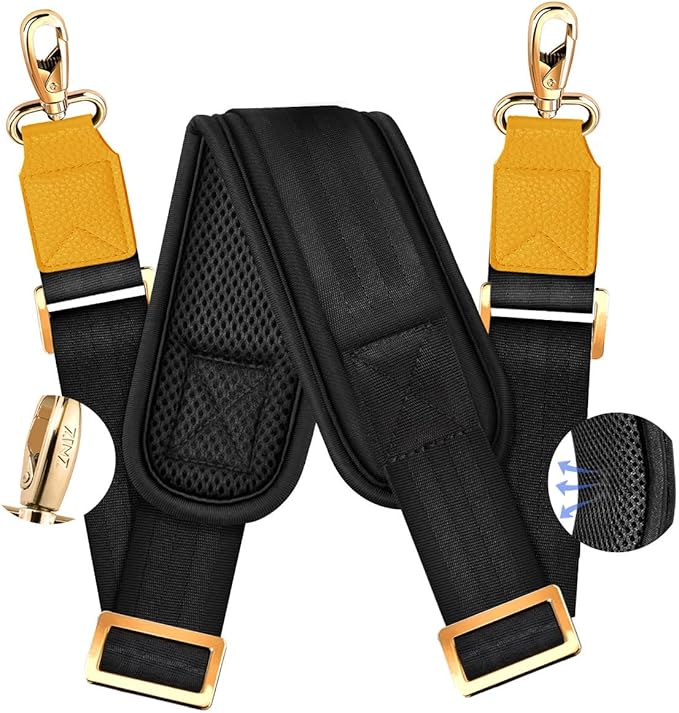 ZINZ 60" Universal Strap with Ultra-thick Fixed Breathable Pad - Adjustable Heavy-duty Shoulder Strap for Laptop, Crossbody Luggage, Gym Bag, Camera Bag and More - Black, Yellow