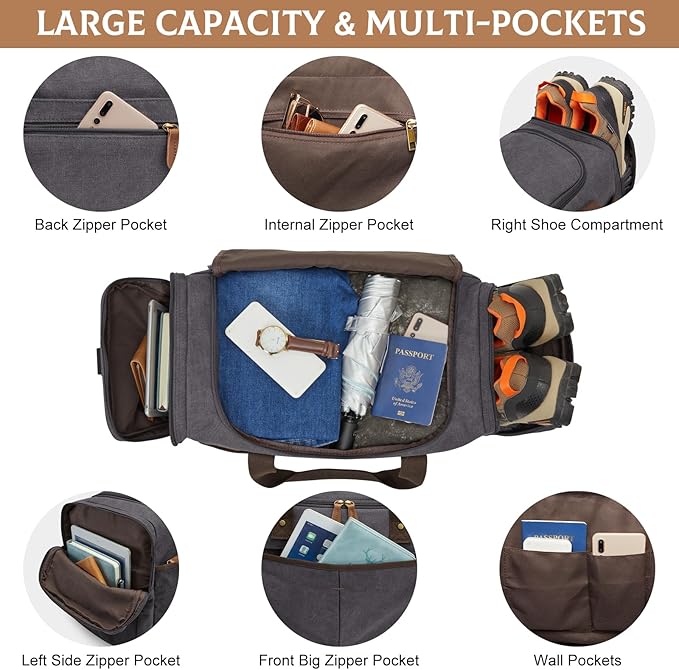 S-ZONE Canvas Duffel Bag for Travel 65L Weekender Overnight Travel Bags with Shoes Compartment for Men