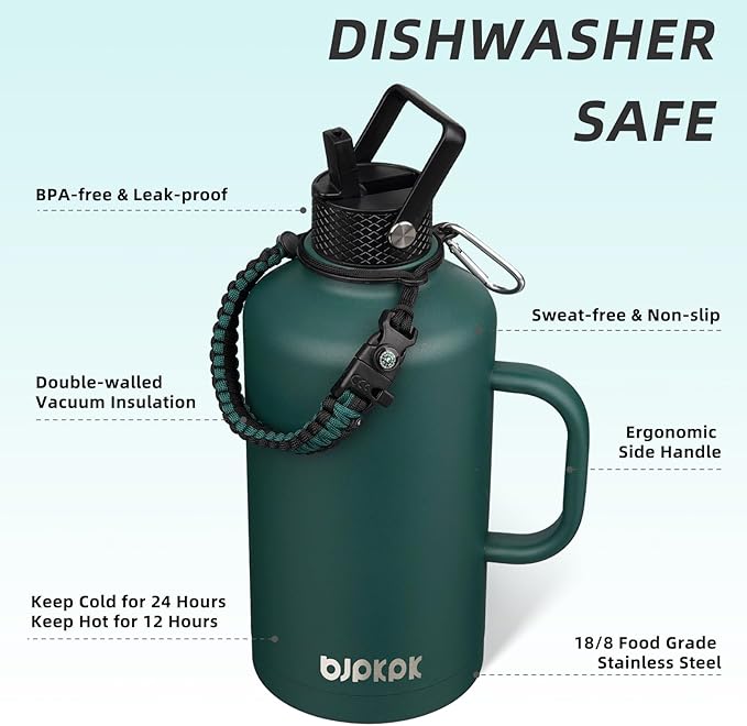 BJPKPK 2/3 Gallon Water Bottle Insulated with Straw Lid, 50oz, 64oz, 87oz, 128oz Large, Stainless Steel Water Bottles with 3 Lids and Paracord Strap, Double Wall Vacuum Metal Water Jug,Army Green