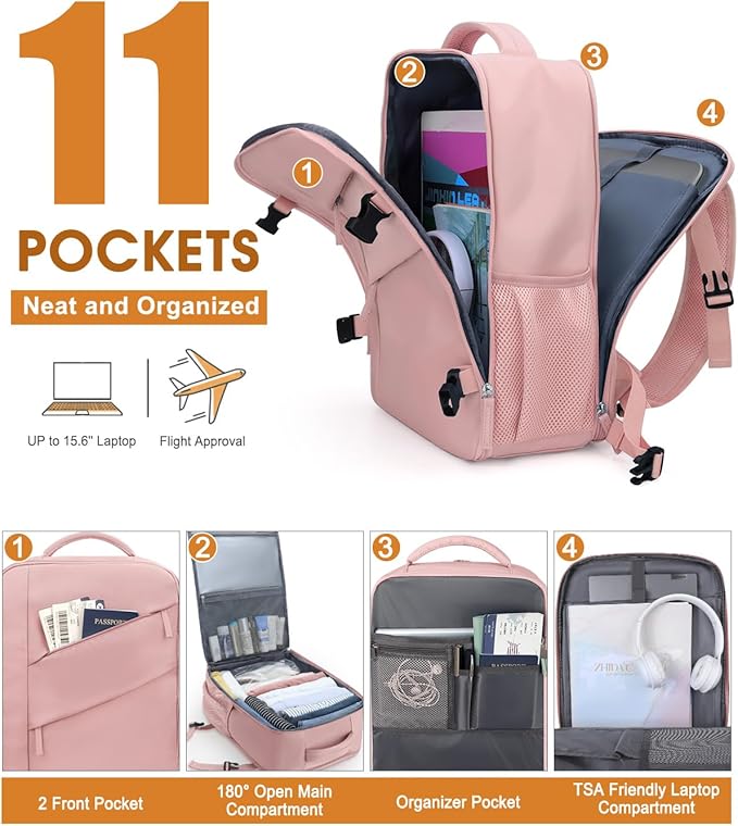 Capolo Travel Backpack for Women Men Waterproof Laptop Backpack Flight Approved Carry On Backpack Overnight Weekender Bag College Bookbag for Business, Work, Traveling Fits 15.6 '' Laptop,Pink