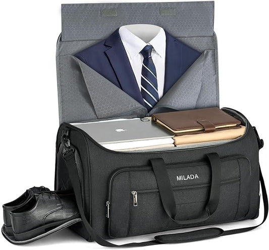 MILADA Convertible 2-in-1 Garment Duffel Weekender Bag Carry On Garment Bags for Travel Hanging Clothes Suit Bag Foldable Personal Item Business Overnight Bag with Shoe Compartment, Black