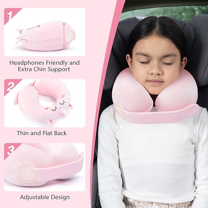 Car Pillow for Big Kids Travel Neck Pillows, Foam Neck Support Travelling Pillow with Washable Cotton Pillowcases and Storage Bag, for Airplane, Train, Flight and Home Use Unicorn Pink