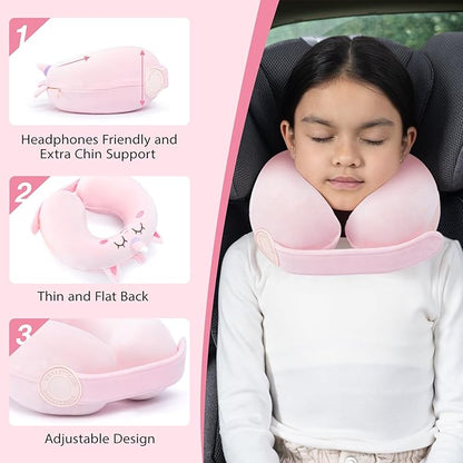 Car Pillow for Big Kids Travel Neck Pillows, Foam Neck Support Travelling Pillow with Washable Cotton Pillowcases and Storage Bag, for Airplane, Train, Flight and Home Use Unicorn Pink