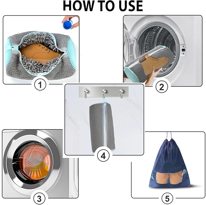 2Pcs Shoe Washing Machine Bag, Durable Laundry Shoe Bag for Washing Machine, Fluffy Fibers 360° Cleaning, Includes Liquid Shoe Brush & Travel Dust Bag, Ideal for Sneakers & Gym Shoes (Gray)