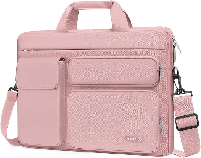 MOSISO Laptop Shoulder Bag 15.6 inch, 15-15.6 inch Computer Bag Compatible with MacBook Pro 16 inch, HP, Dell, Lenovo, Notebook with 2 Raised&1 Flapover&1 Horizontal Pocket&Handle&Belt, Pink