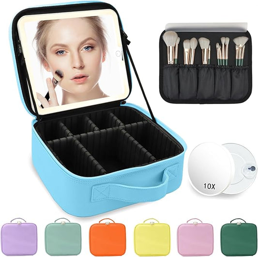 Travel Makeup Bag for Makeup Artists Large Makeup Case,with Mirror 3 Color Setting and Detachable 10x Magnifying Mirror Travel Makeup Bag,Portable Storage and Adjustable Dividers（blue）