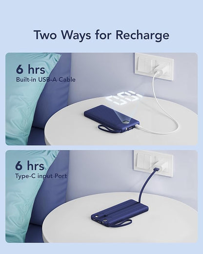 VRURC Portable Charger Power Bank, 10000mAh Travel Essentials, 5 Outputs 2 Inputs Slim Battery Pack Built-in Cables Cords Compatible with iPhone,Samsung,Android-Navy Blue(1 Pack)