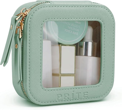 Prite Small Makeup Bag for Women Portable Clear Makeup Bag Cute Mini Waterproof Travel Cosmetic Bag with Gold Zipper for Car Essentials(Green)