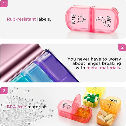 Zannaki Bling Metal XL Weekly Pill Organizer 2 Times a Day, Large Travel Daily Pill Box 7 Day, Portable Week Twice Pill Holder Container, AM PM Pill Case for Medicine Vitamin Medication Supplement