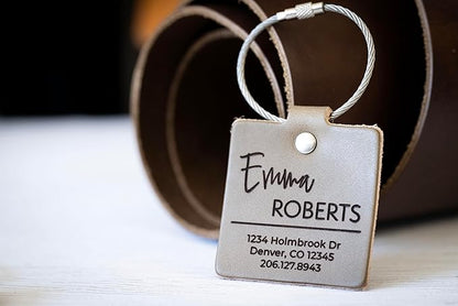 Personalized Leather Luggage Tag – Custom Engraved Travel Tag with Name & Address, Full Grain Leather, Handmade in USA, Gift for Travelers