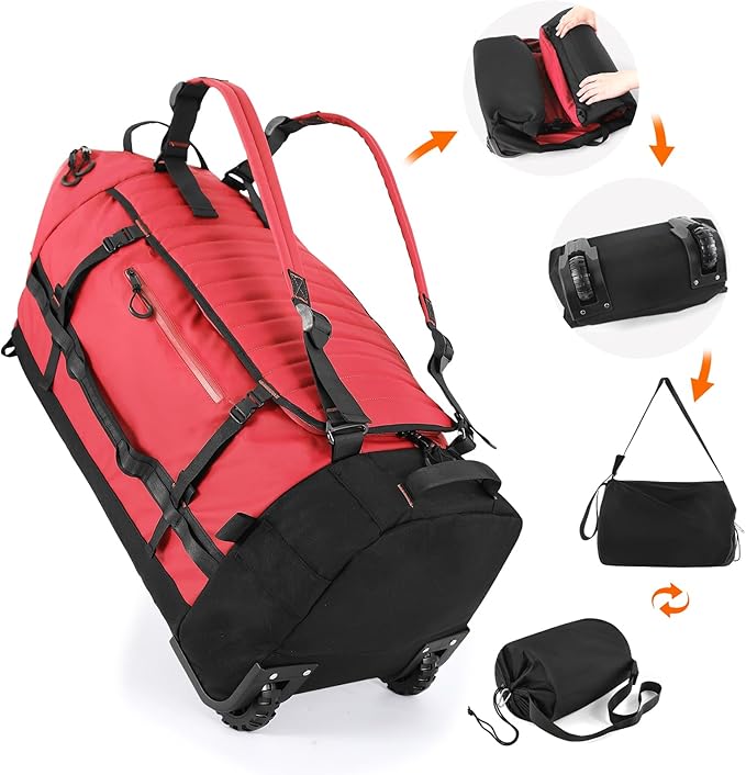 Vomgomfom 86L Collapsible Wheeled Luggage With Removable Backpack Straps,Waterproof Rolling Duffle Bag with Quilted Base,No Telescope Handle,Red
