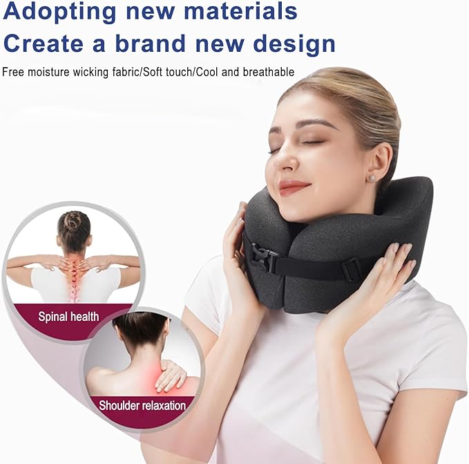 Memory Foam Travel Neck Pillow 360 Support for Airplane, Adjustable Neck Pillow for Travel with 3D Eye Mask, Earplugs & Portable Bag, Office Car Nap Pillow (Grey)