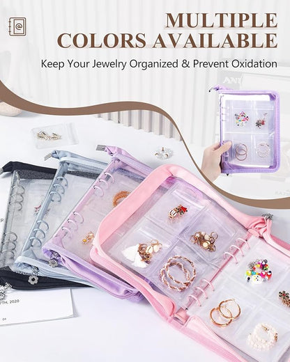AOLEIXIYA Jewelry Organizer Book Clear Travel earring book organizer Transparent Jewelry Book with Zipper Pouch Bags (Purple,With 80 PCS Small Jewelry Bags)