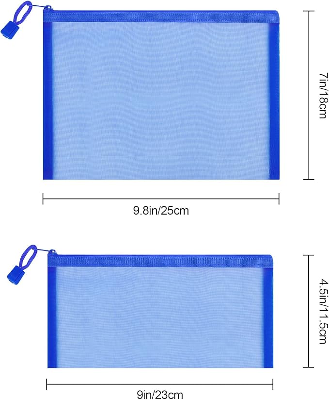 12 Pieces Zipper Nylon Mesh Pouch, Mesh Cosmetic Bags Makeup Bags Pencil Case, Multipurpose Travel Bags for Cosmetic School Office Supplies and Travel Accessories (Blue, A5+B6)