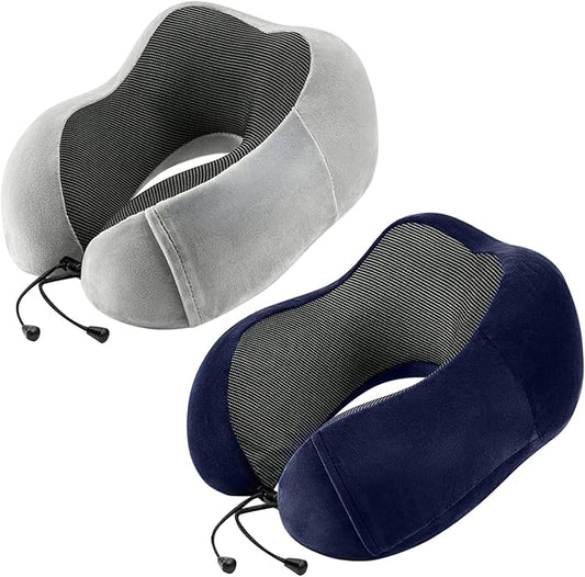 Travel Pillow for Airplane-2 Pack Memory Foam Neck Pillows, Soft Support Travel Essentials for Travelling, Sleeping Rest, Car, Train and Home Use(Grey&Blue)