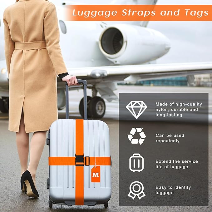 Weewooday 8 Pcs Luggage Straps Suitcase Tags Set for TSA Approved, 4 Travel Adjustable Suitcase Belt, 4 Silicone Luggage Tags with Name ID Card Travel Accessories(Light Orange,M)