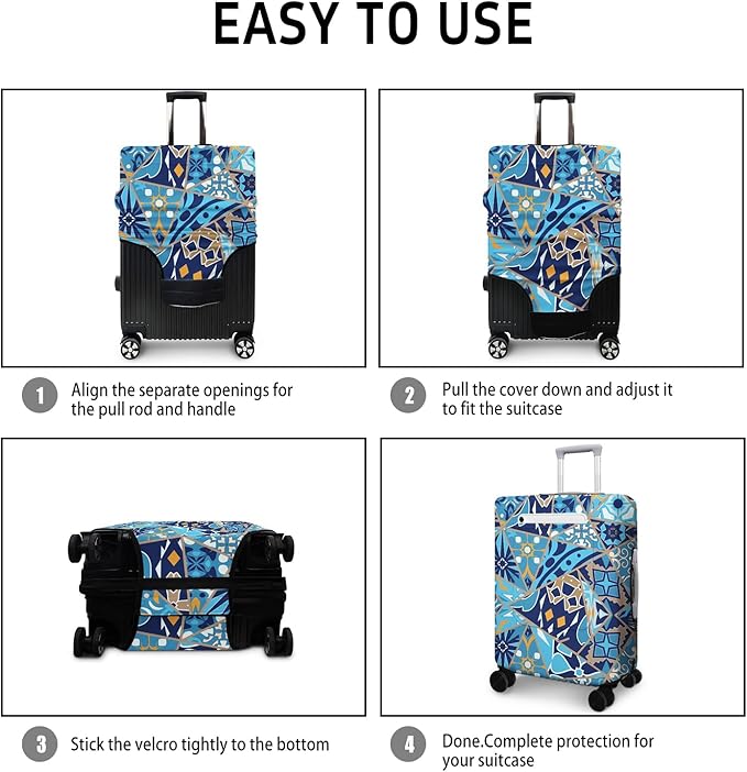 Portuguese Tiles Travel Luggage Cover, Travel-Themed Suitcase Protector Stretchable, Washable Travel Suitcase Cover (S for 18-20 Inch Luggage)