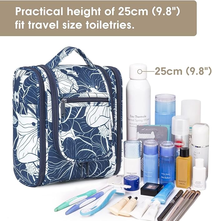 Narwey Small Hanging Travel Toiletry Bag Cosmetic Make up Organizer for Women and Men (Medium, Blue Lotus)