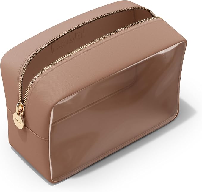 Embla London Makeup Bag Cosmetic Case, Clear Zipper Make Up Pouch and Toiletry Travel Tote, Cute Skincare Pouches for Women Girls, Preppy Purse Cosmetic Organizer, Large Makeup Bags, Mocha Mousse