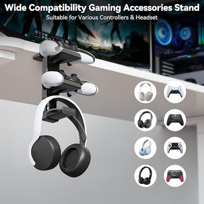 Controller Holder & Headphone Stand Under Desk with Adjustable Clamp, Controller Stand&Headset hanger for Desk Mount with 360° Rotating Hook & Cable Organizer, 3-in-1 Gaming Accessories Organizer