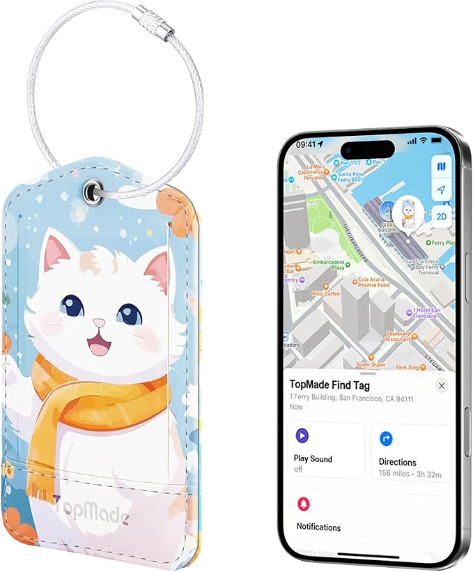 TopMade Smart Luggage Tag with Find My, Premium Leather Luggage Tags for Suitcase, Travel Bags, Backpacks, Anti-Lost Suitcase Tag Tracker for Travel with Privacy Name Card, Rechargeable