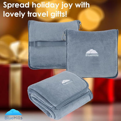 BlueHills Premium Soft Plush Travel Blanket Pillow for Airplane Traveling Essentials in a Bag Flight Throw with Hand Luggage Belt Backpack Clip Compact Portable Plane Accessories Grayish Blue - T026