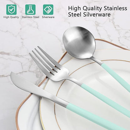 Matte Green Silver Silverware Set, 20-Piece Stainless Steel Flatware Set, Satin Finish tableware Cutlery Set, Service for 4, Home and Restaurant, Dishwasher Safe