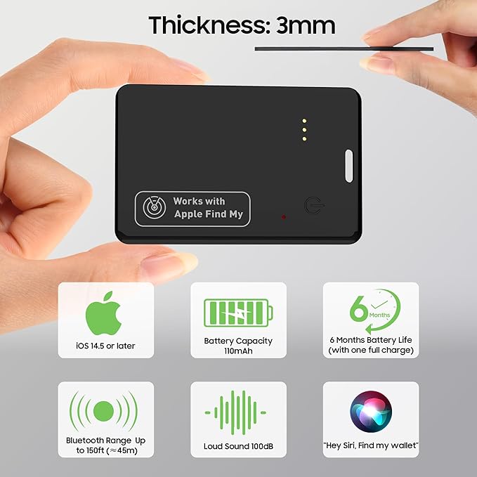 2-Pack Wallet Tracker Card for Apple Find My(iOS Only), Rechargeable Thin Finder with Wireless Charging - Portable Item Locator for Keys, Luggage, Passports and Bags
