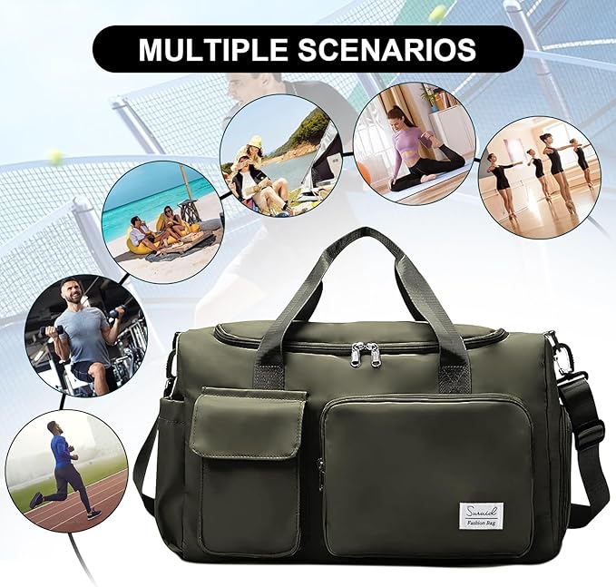 Gym Bag for Women Men, Travel Duffle Bag Large Capacity Carry On Weekender Bag With Shoe Compartment Gym Tote Dry Wet Separation Duffel Bag with Makeup Bag, Olive Green