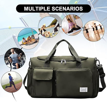 Gym Bag for Women Men, Travel Duffle Bag Large Capacity Carry On Weekender Bag With Shoe Compartment Gym Tote Dry Wet Separation Duffel Bag with Makeup Bag, Olive Green