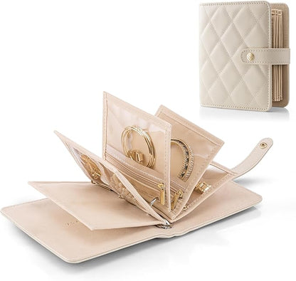 Vlando Travel Jewelry Organizer Case,Mothers Day Gifts for Her,Portable Jewelry Organizers Storage Book with Clear Zipper Velvet Jewelry Pouch Bag for Travel Essentials,Ring,Earring-Cream White