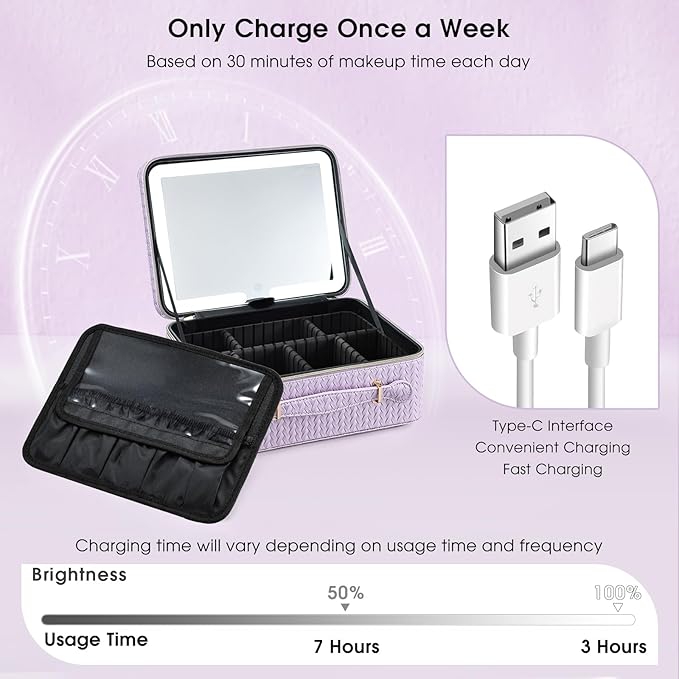 Leather Makeup Case with LED Lighted Mirror 11.4 Inch Travel Makeup Bag Adjustable Brightness in 3 Colors Cosmetic Organizer Artist Storage Bag with Dividers Brush Holder Bag Vanity Shiny Purple