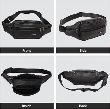 Genuine Leather Fanny Pack For Men and Women Multiple Pockets Waist Bag with Adjustable Strap for Travel Casual Sports Hiking Cycling Fishing Running Black Belt Bag