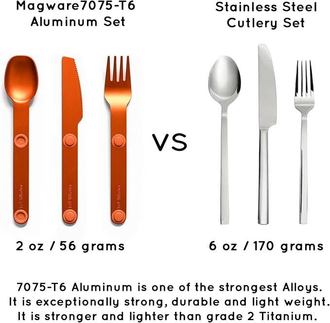 FULL WINDSOR - MAGWARE Magnetic Camping Cutlery Set - Travel Utensils for Camping, Cooking, and Outdoor Dining - Knife, Fork & Spoon - Portable Silverware with Pouch for Backpacking - Orange (3 PCS)