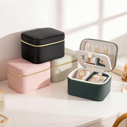 DesignSter Travel Jewelry Case,Small Jewelry Box with Mirror,Leather Material Travel Jewelry Case Organizer, Portable Jewelry Organizer with Zipper(Green