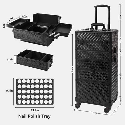 Makeup Train Case with Drawer, Rolling Makeup Case, Cosmetology Case on Wheels, Gift, Large Makeup Case Organizers, Professional for Salon Barber, Nail, Tattoo, Black