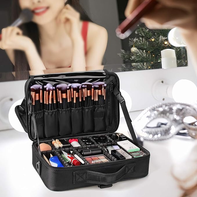 Relavel Travel Makeup Train Case Makeup Cosmetic Case Organizer Portable Artist Storage Bag with Adjustable Dividers for Cosmetics Makeup Brushes Toiletry (medium black)