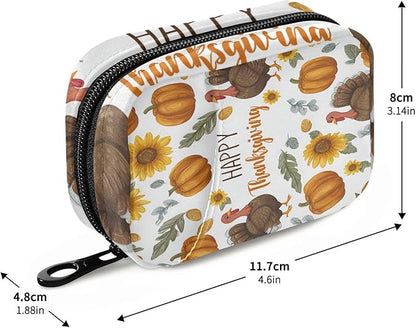 Thanksgiving Turkeys Sunflowers White Travel Pill Organizer Case Box Container Weekly Portable Vitamin Medicine Holder Storage Bag with Zipper Removable