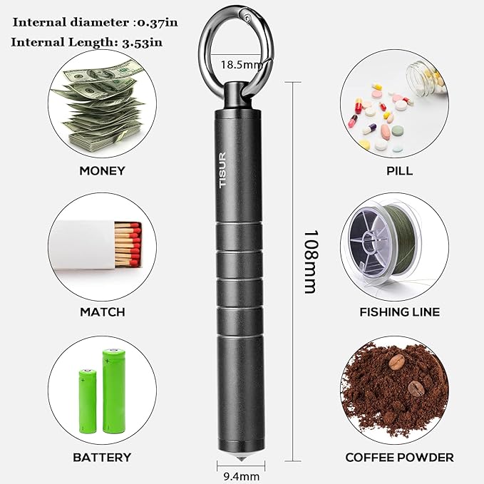 TISUR Small Metal Pill Organizer, Titanium Keychain Pill Holder Travel Pill Box Case Multitool EDC Every Day Carry for Men (Black Titanium)