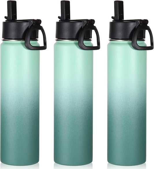 Volhoply 24oz Insulated Water Bottle With Straw Bulk 3 Pack,Metal Wide Mouth Water Bottles With Handle Lid Keep Cold,Reusable Double Wall Cups,Powder Coated Sport Bottle For Holder(Mojito,3 Count)