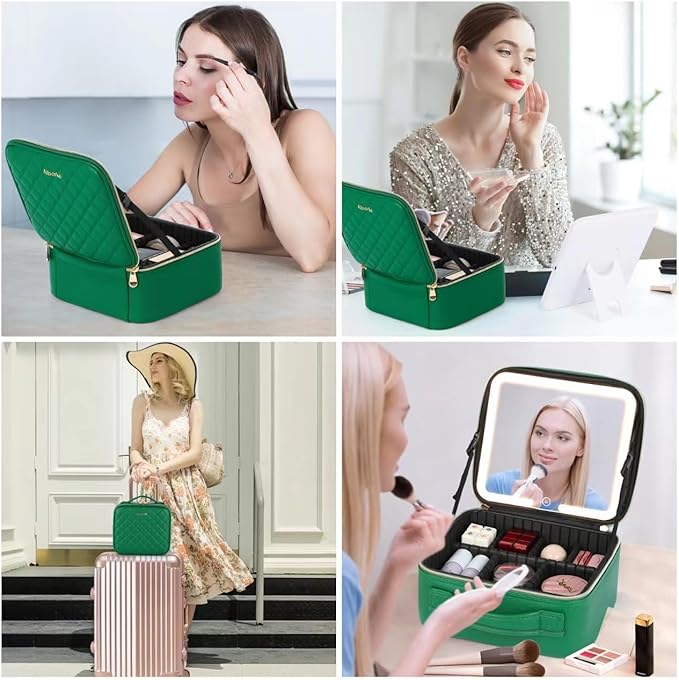 Travel Makeup Bag with Led Mirror Make up Case with Lighted Mirror Cosmetic Organizer bag with Adjustable Dividers and 5X Magnifying Mirror Makeup Box Vanity Case for Women