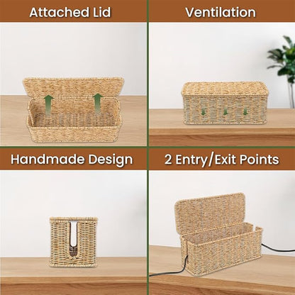 Cable Management Box, Handmade Rattan Cable Organizer, 2 Open Slots Cords Hider Box, Under Desk Cord Organizer for Computer Router USB Hub & Power Strip, Patent Pending, 13" x 5.1" x 5.1", Natural