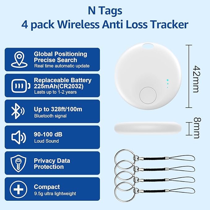 Smart Tags-4 Pack for Android Tracker Tags, Bluetooth Tracker, Work with Google's Find Hub App, Item Finder for Keys, Item Locator for Wallet, Suitcases (White)