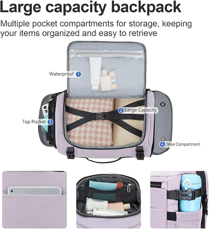 Carry On Travel Backpack with Shoe Compartment Flight Approved Laptop Backpack Expandable Work Business Backpack for Women Men Casual Daypack, Purple