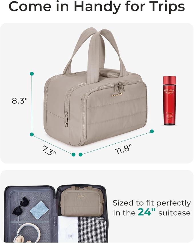 BAGSMART Travel Toiletry Bag, Crush Toiletry Bag for Women, Wide-open Puffy Toiletry Bags for Traveling, Large Travel Cosmetic Makeup Bag Organizer for Accessories,Toiletrie, Grayish Brown