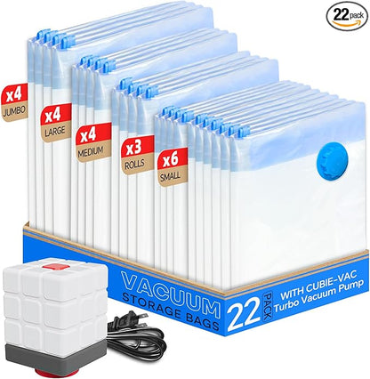 Vacuum Seal Bags for Clothing, 22 Pack Vacuum Storage Bags (4 Jumbo, 4 Large, 4 Medium, 6 Small, 4 Roll) for Clothes Comforters, Travel Space Saver Bag with Compact Electric Pump (2025 Upgrade)