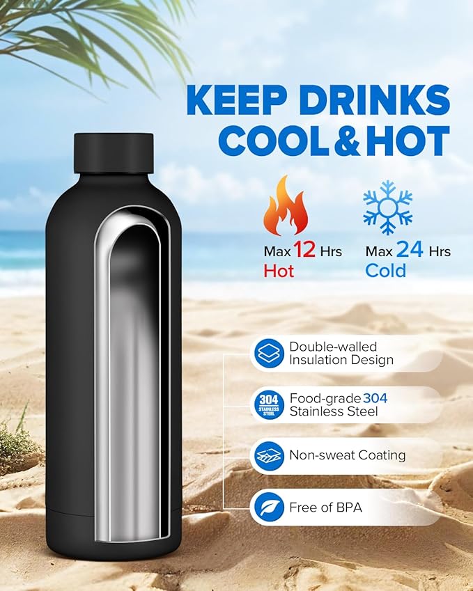 Insulated Water Bottle with Lid, 17 oz Reusable Leak-Proof Metal Stainless Steel Water Bottles for Travel, Sports, Gym, Outdoor (Black)