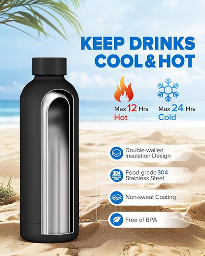 Insulated Water Bottle with Lid, 17 oz Reusable Leak-Proof Metal Stainless Steel Water Bottles for Travel, Sports, Gym, Outdoor (Black)