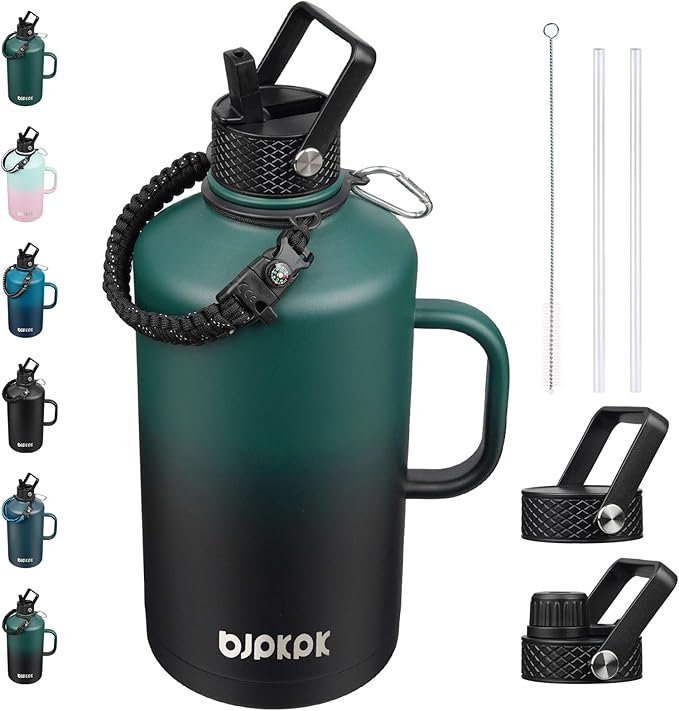 BJPKPK 1 Gallon Water Bottle Insulated with Straw Lid, 50oz,64oz,87oz,128oz Large, Stainless Steel Water Bottles with 3 Lids and Paracord Strap,Double Wall Vacuum Metal Water Jug,Army Green&Black